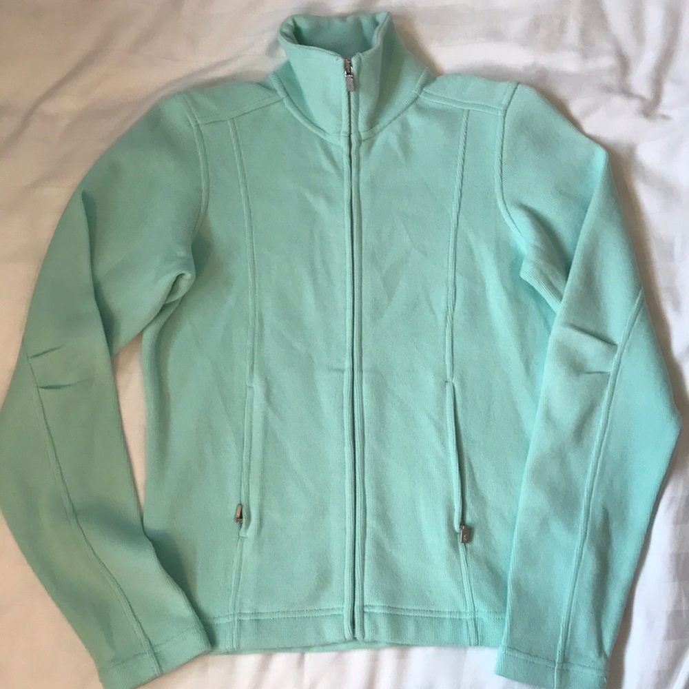 COPY - Tommy Bahama mint green soft cotton micro ribbed zip front sweater